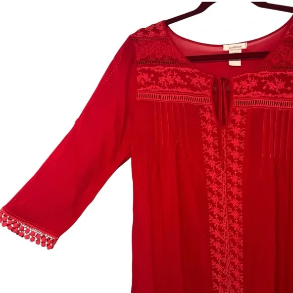 Sundance Red Bohemian Silky Lace Trim 3/4 Tab Sleeves Tunic Top Women’s Small - Picture 7 of 10